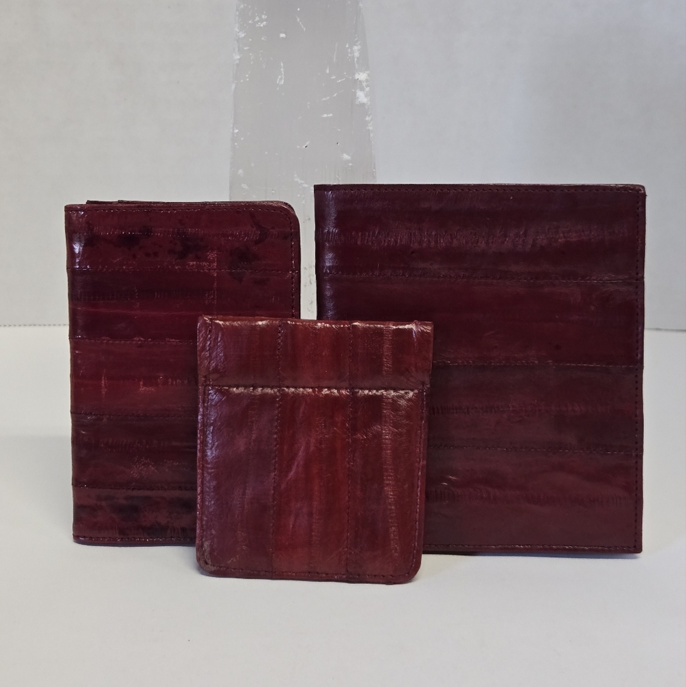 Vintage Eel Skin Wallet Set Burgundy Made In Korea